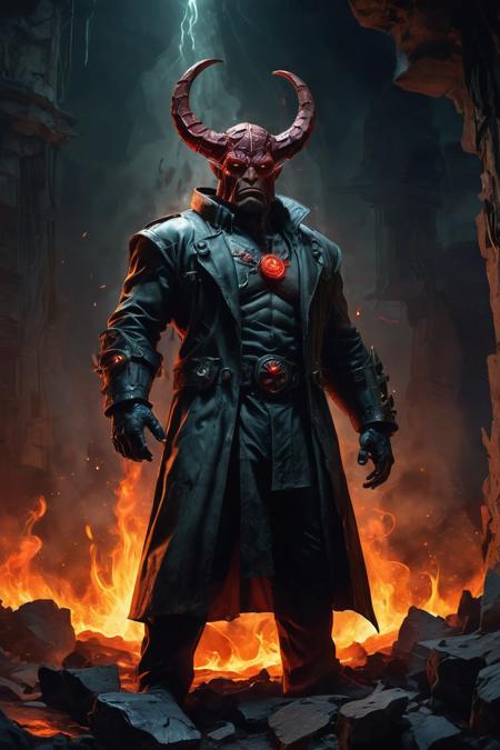 Create an image of a fictional demon-like hero inspired by classic fantasy and action films Hellboy. The character has a muscular build and a rugged appearance, with red skin and a large, right hand made of stone. He has two short, sawed-off horns on his forehead and sharp, fiery eyes. His expression is determined and fearless. The hero is wearing a long, dark trench coat and a utility belt with various tools and artifacts. He stands in a dimly lit, mysterious setting with an otherworldly aura, evoking a sense of supernatural adventure. Right hand made of stone.  <lora:extremely_detailed:1> <lora:SDXLFaeTastic2400:1>