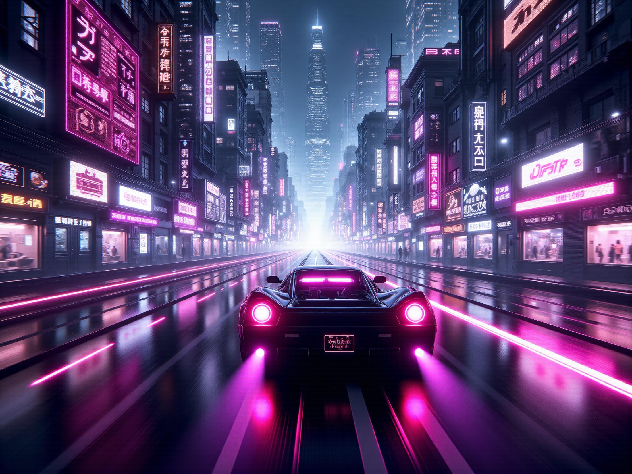 car racing through futuristic cyberpunk city towards the viewer,  from the fronemad-neon-noir  <lora:Neon_Noir_FLUX:0.7>