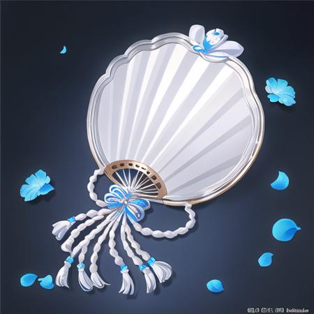 (masterpiece, top quality, best quality, official art, beautiful and aesthetic:1.2),(8k, best quality, masterpiece:1.2),(no humans),A silver-white fan with a blue ribbon and a flower and blue leaves,white background,flower,no humans,leaf,white flower,tassel,hand fan,blue flower,still life,<lora:äºæ¬¡åLORA-000012:0.8>,