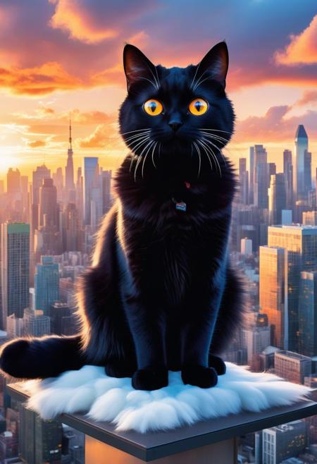 A captivating illustration masterpiece of a very funny ((cute cat)) with ( (((huge))) ((oversized)) ((manga-style eyes)):1.2), feline is gazing very longingly into the camera lens. The cat's fluffy fur contrasts with its sleek black attire, and it sits on a transparent cloud, as if levitating above the ground. The background showcases a vibrant cityscape with towering skyscrapers and a dramatic sunset, creating a delightful mix of urban and whimsical elements, from above
