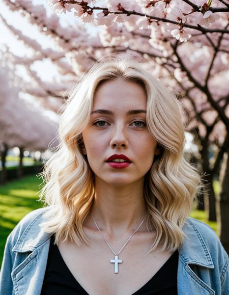 analogue photo of a beautiful 25 years old woman, high resolution image, pale skin (Platinum-blonde Scottish woman), A photo-realistic shoot from a portrait camera angle about a woman with long, wavy hair standing in a blossoming alley, surrounded by pink cherry blossom trees. the image also shows soft lighting, creating a serene atmosphere. on the middle of the image, a 20-year-old woman appears to be looking directly at the viewer with a neutral expression, wearing a black top, a gray jacket, and blue jeans. she has a cross necklace around her neck, red lipstick, and a relaxed pose. the woman's hair is styled in loose waves and falls down her back, framing her face.