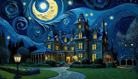 landscape, CGI render, modern, very tight brushstrokes, Van Gogh-inspired Post-Expressionist nocturne of a swirling, starry, and crescent moonlit Wayne Manor, landscape with bold, expressive textures, blue and gray tones, 2025, intricately detailed, refined, defined, highly detailed, follow negative prompts,