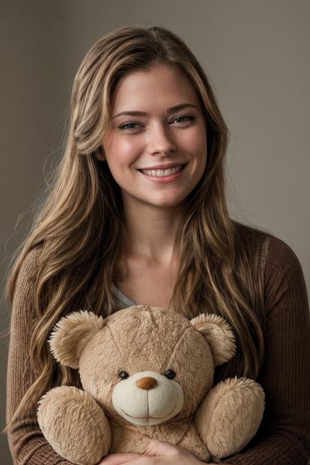 masterpiece, stunning closeup portrait photo of pytn, smiling,  (hugging a teddy Bear:1.15), solo   <lora:PeytonListDogu:1>