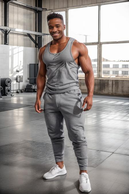 industrial style gym, exercise machines, weightlifting machines, warehouse style, smiling, PhoenixFellington is a sexytrainer, sweaty, (white tank top), (gray sweatpants), white socks, sneakers, ((full body portrait)), wide angle. <lora:Clothing - Sexy Personal Trainer:0.55> <lora:PhoenixFellington:0.8>
