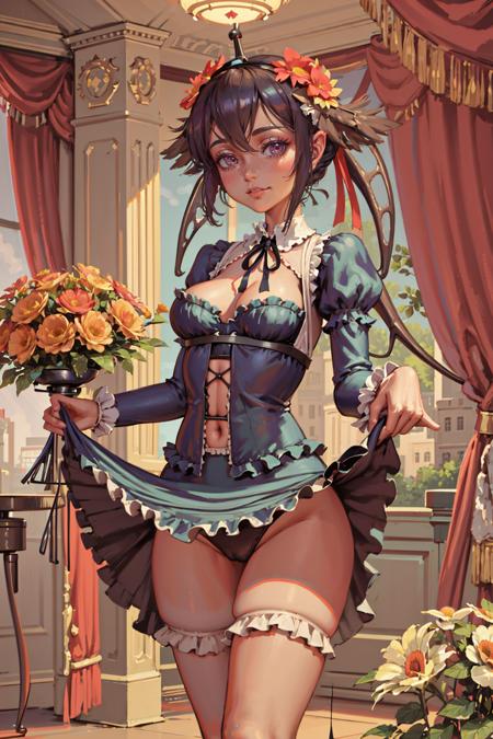 (masterpiece), (best_quality), (ultra-detailed), (illustration), (welcoming), depth of field, 1girl, (party drone harpy:1.3), (in a flowery Victorian theatre:1.3), full body, thigh gap, peach eyes, [:sexy costume design:0.2], , medium breasts, narrow waist, tall, thicc toned hourglass figure,, (silk pajamas, skirt lift:1.2), chinese, official art, vivid color, finely detailed, hyper detailed, 8k, high resolution illustration, absurdres, intricate detail <lora:EnvyBeautyMix02:1>