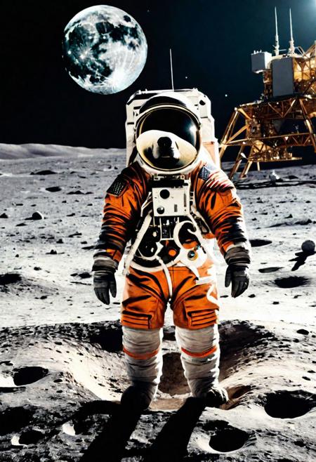 ultra realistic, Imagine a scene in the neo-pop elements, depicting a dog wearing spacesuit, on the moon that symbolizes the skeletal framework of a lunar habitat. This professional poster art, designed with bold lines and intricate details reminiscent of Nicola Samori's style, captures the log structure's dynamic form against the lunar landscape, master piece, 4k,tong,tail