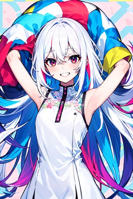 1girl, arms_up, white_hair, multicolored hair, long hair, very long hair, multicolored eyes, (multicolored_background:1.8), solo, smile, looking at viewer, cherry blossoms, grin, hair between eyes, dress, dress, dress_shirt, white_dress, multicolored_dress, bangs, upper body, album cover <lora:style_MikaPikazo:1>