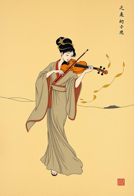 A violinist playing on the edge of a vast desert, their music forming swirling golden figures in the sand., Ito Shinsui, traditional Japanese art, ukiyo-e, bijin-ga, elegant woman, flowing lines, delicate shading, soft colors, serene pose, minimalistic background, traditional kimono, intricate patterns, cultural beauty, natural grace, tranquil atmosphere