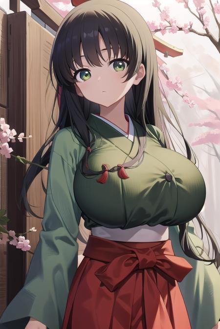 kasumiiwato, <lora:kasumiiwatotest:1>,
kasumi iwato, long hair, (black hair:1.5), (green eyes:1.3), (huge breast:1.2), (hair between eyes:1.5),
BREAK skirt, cleavage, japanese clothes, hakama, hakama skirt, miko,
BREAK looking at viewer,
BREAK outdoors, shrine,
BREAK <lora:GoodHands-vanilla:1>, (masterpiece:1.2), best quality, high resolution, unity 8k wallpaper, (illustration:0.8), (beautiful detailed eyes:1.6), extremely detailed face, perfect lighting, extremely detailed CG, (perfect hands, perfect anatomy),