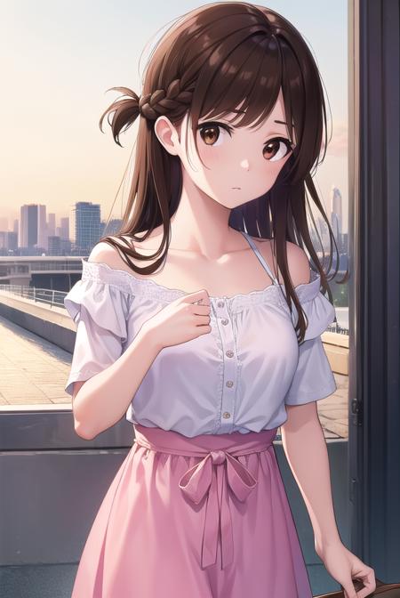 mizuharachizuru, <lyco:mizuharachizuru-lyco-nochekaiser:1>, 
mizuhara chizuru, long hair, brown hair, (brown eyes:1.7), (one side up:1.5), bangs, braid, hair braid,
BREAK bare shoulders, collarbone, pink shirt, puffy short sleeves, puffy sleeves, red bow, shirt, short sleeves, skirt, white skirt,
BREAK outdoors, city,
BREAK looking at viewer, (cowboy shot:1.5),
BREAK <lyco:GoodHands-beta2:1>, (masterpiece:1.2), best quality, high resolution, unity 8k wallpaper, (illustration:0.8), (beautiful detailed eyes:1.6), extremely detailed face, perfect lighting, extremely detailed CG, (perfect hands, perfect anatomy),