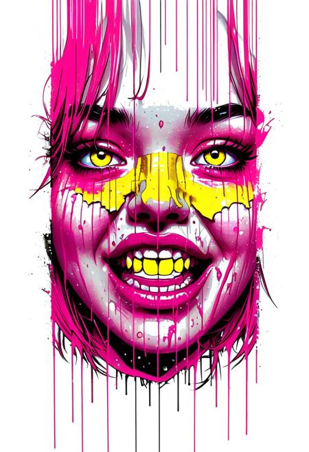Tight, oversaturated anime close-up where the frame slashes across only half a smirking mouth and a glitching neon eye, color palette bleeding with hot pink, chrome yellow, and cobalt-graffiti textures and scanlines scarring the frame, ink halftone dots and hand-drawn speed lines clashing with pixelated overlays, torn cel edges showing behind clean lines, loud, rebellious, manga meets VHS-punk chaos aesthetic, feels like a ripped page that’s alive