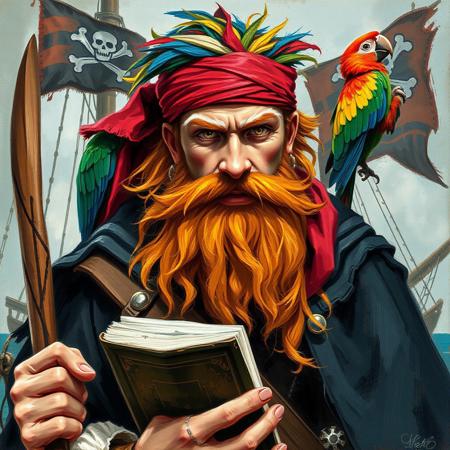 Oil painting rendered in a loose, impressionistic style with thick, expressive brush strokes. Full body portrait of a young handsome pirate wizard. His outfit is a mish mash of wizard-like and pirate clothes. He wears a red bandana a black cape and he has a long ginger beard. He has big white eyebrows. His hair is a mixture of colors: blue, red, yellow, green. He holds a book and a wizard's staff. On his shoulder sits a colorful parrot. The background shows a pirate ship with a pirate flag.