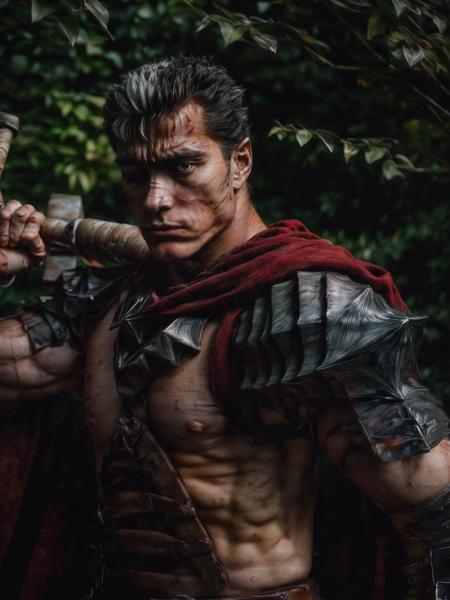 photo of a muscular male, (guts \(berserk\):1.0), 1boy, scar on face, short hair, scar, black hair with chunk of white hair, scar on nose, (blood:1.1), detailed brown eyes, shoulder armor, (red cape:1.0), (holding huge weapon, holding weapon, holding sword:1.1), (dappled light:1.0), crepuscular rays, dark corners, (ultra detailed, 8k, uhd:1.0), large depth of field, (highly detailed:1.0), moody, epic wide composition, film grain, analog photograph, (the character guts from berserk:1.0), 1boy, male focus, solo, black and white hair, 25 years old, (defeated expression:1.1), one eye closed, (action shot, fighting:1.2)
BREAK
photo of (guts \(berserk\):1.0), (holding huge weapon, holding weapon, holding sword:1.2)
BREAK
wide shot photo of (guts \(berserk\):1.1), (holding huge weapon, holding weapon, holding sword:1.1), muscular, manly, armor, (shoulder armor:1.1), red cape, (sexy young man:1.1), high definition photograph of a very attractive muscle man, <lora:berserk_guts-10_copy:1.2> <lora:Guts_08_copy:0.4>