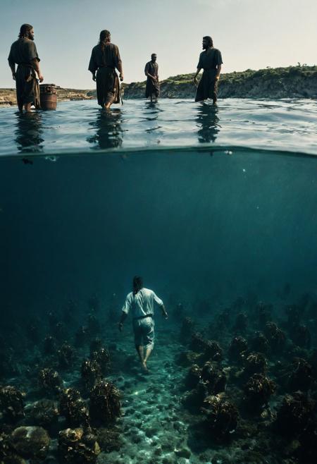 Split Diopter style, Capture the miraculous moment: Jesus walks on water, with disciples beneath the surface supporting his steps. Show the profound faith and unity between teacher and followers, as they navigate the depths of belief and the surface of the unknown., deep blacks, high contrast, 
atmospheric haze, Film grain, cinematic film still, shallow depth of field, highly detailed, moody, epic, OverallDetail, 2000s vintage RAW photo, photorealistic, candid camera, color graded cinematic, atmospheric lighting, imperfections, natural, shallow dof