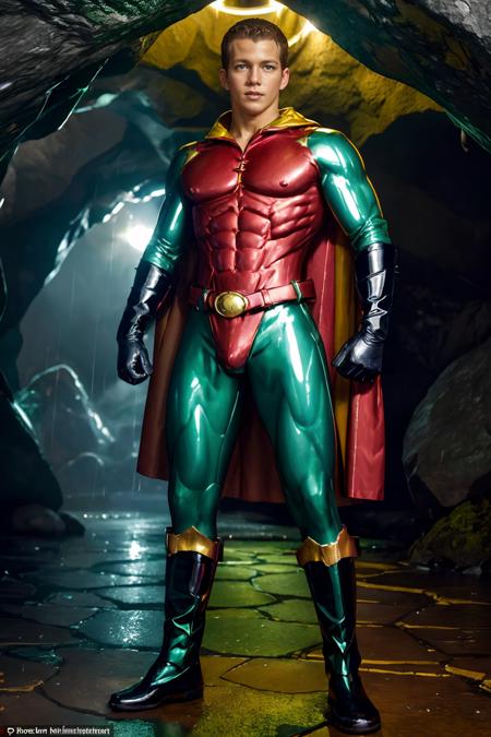 the entrance to a well lit cave, dark and stormy outside, rain outside, standing, FabianHambuechen, shiny latex bodysuit, gloves, standing, robin, forever, metallic sheen, muscled outfit red, cape, red crotch, (green arms), green shoulders, nipples, yellow belt, (green legs), (((full body portrait))), wide angle <lora:Robin:0.8>  <lora:FabianHambuechen:0.8>