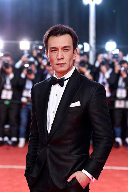 a men as a movie star, (portrait:1.2), (half body:1.2),(face focus:1),  modelshoot style, (extremely detailed CG unity 8k wallpaper), Intricate, High Detail, Sharp focus, dramatic,((movie premiere gala)), ((standing on the red carpet)), ((paparazzi in the background)), (looking at viewer), (detailed pupils:1.2), (elegant suit:1.3)   <lora:liyong:0.8>