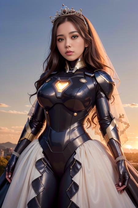 <lora:betterCuteAsian03:0.3>, (wearing wedding princess dress, big wedding skirt:1.2),(wearing black irongirl_suit:1.2), sunset,
good hand,4k, high-res, masterpiece, best quality, head:1.3,((Hasselblad photography)), finely detailed skin, sharp focus, (cinematic lighting), night, soft lighting, dynamic angle, [:(detailed face:1.2):0.2], medium breasts, outside,   <lyco:irongirl_wedding_suit-10:0.35>