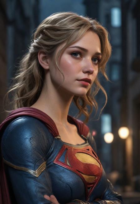 High resolution ultra-realistic of beautiful Supergirl finds himself in a love embrace with mysterious Batman in a dramatic scene under a full moon on a dirty Gotham City street, full bodys, Intricately Designed combat costume, 8K, ultra-realistic bodys, defiant and seductive, Cinematic Lighting, sharp focus, digital painting, Photograph Taken on Nikon D750, Alphonse Mucha, 8K, athletic figures, Hyperdetailed, hyperrealism, Hyperdetailed, hyperrealism, aesthetics comics movie
