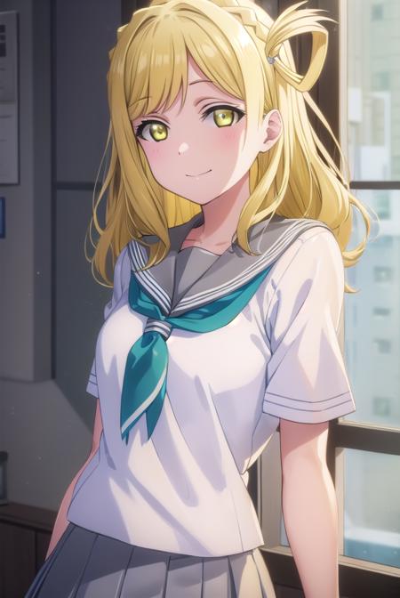 mariohara, <lora:mari ohara s2-lora-nochekaiser:1>,
mari ohara, long hair, bangs, blonde hair, hair ornament, (yellow eyes:1.3), braid, medium hair, hair rings, crown braid, smile,
BREAK skirt, school uniform, short sleeves, pleated skirt, serafuku, socks, neckerchief, kneehighs, black socks, green neckerchief, grey skirt, uranohoshi school uniform,
BREAK indoors, classroom,
BREAK looking at viewer, (cowboy shot:1.5),
BREAK <lyco:GoodHands-beta2:1>, (masterpiece:1.2), best quality, high resolution, unity 8k wallpaper, (illustration:0.8), (beautiful detailed eyes:1.6), extremely detailed face, perfect lighting, extremely detailed CG, (perfect hands, perfect anatomy),