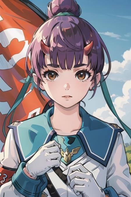 <lora:Fiona_xenoblade_3:0.8> Fiona \(xenoblade\), 1girl, bangs, brown_eyes, eyebrows_visible_through_hair, purple hair, red horns, oni horns, hair bun, blue hair ribbon, jacket, sailor uniform, white  gloves, long_sleeves, armband, mitsudomoe(shape), waving flag,, best quality, highly detailed, masterpiece, ( bad_prompt_version2:0.6), best quality, highres, 4k, ultra-detailed, beautiful detailed face, beautiful detailed eyes