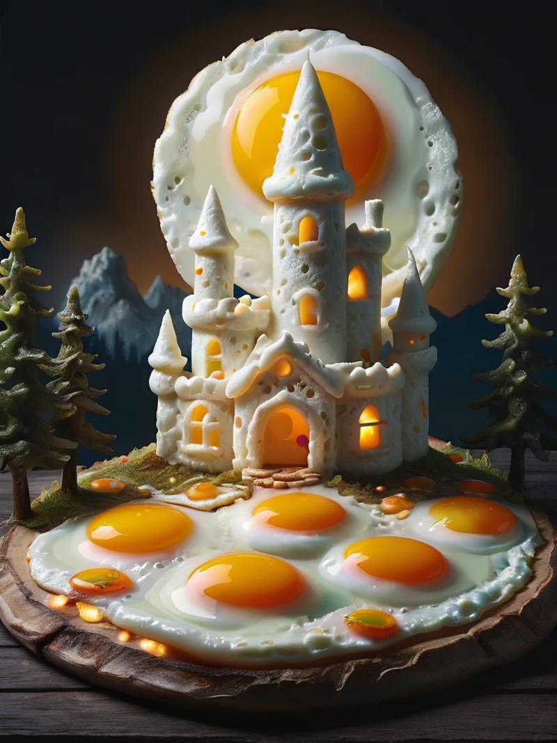 A Castle made of eggs with a sun and moon in the background.