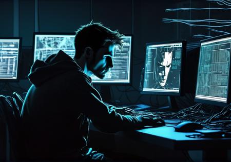 A hacker sits infront of a bank of computer monitors, side view the face is illuminated by the screens, dark, illuminated only by the computer screens, desk is a mess of cables and electronic equipment in the background. comic book illustration