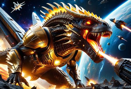 Golden Kaiju, hyper-realistic colossal alien creature with intricate gold-plated armor, biomechanical textures, unleashing a radiant golden energy beam from its mouth, surrounded by realistic sci-fi fighter spaceships in a high-stakes aerial space battle, cinematic explosion of a giant planet in the background, fiery debris, glowing atmosphere, realistic physics-based lighting, volumetric light and shadows, epic scale confrontation in deep space, hyper-detailed composition, concept art quality, photorealism, physically accurate textures, dynamic lighting, immersive realism, digital painting, movie-grade visuals, extremely high detail, 3D depth and perspective, (masterpiece:2), best quality, ultra highres, original, extremely detailed, perfect lighting