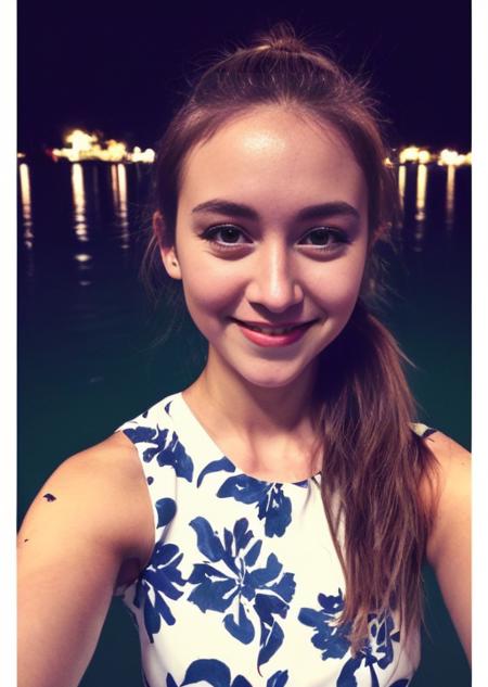 selfie photograph of beautiful 27 y.o. woman (smiling:0.7) with ponytail (messy brown hair:0.9) and wearing minimalist white dress with floral print, (symmetric eyes:1.1), lake at night background, dramatic (dark lighting:1.1), (dimly lit:1.1)  <lora:FJ6:1>