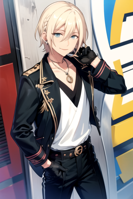 <lora:Eichi-08:0.7> ,eichi, solo, looking at viewer, smile, blue eyes, blonde hair, shirt, gloves, 1boy, hair between eyes, jewelry, jacket, braid, white hair, male focus, earrings, black gloves, belt, pants, necklace, black pants, microphone, single earring, half gloves, bishounen