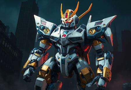 The Deepsea Warrior robot, with a white and gold head, red visor, and blue and gold accents on its arms and legs, stands powerfully against a dark city backdrop. Its dynamic, action-ready pose, vivid colors, and high-quality details create a captivating and lifelike image, with exceptional clarity and sharpness. This intricate, multi-colored depiction boasts harmonious contrast, a stunning matte painting style, and vibrant emotions, reminiscent of Raphael and Houdini aesthetics. Found on CGSociety and trending on Artstation, this masterpiece exemplifies beautiful eye details, dynamic lighting, and a joyful, powerful message.