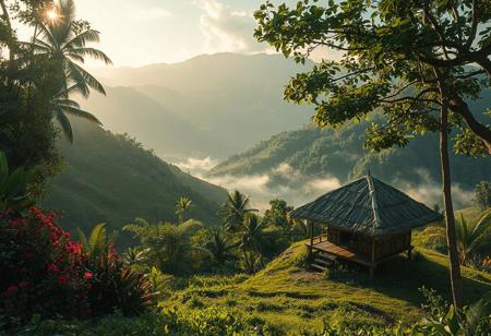 A serene, picturesque valley in the Philippines with lush greenery, gentle sunlight filtering through tropical trees. A traditional Nipa hut (Filipino bahay kubo) sits peacefully on a hilltop or slope, overlooking a majestic mountain range in the background. The hut is made of bamboo and thatched palm leaves, surrounded by vibrant flowers and native vegetation. Mist rises gently from the valley below. Soft golden-hour lighting enhances the tranquil atmosphere. Realistic, high detail, cinematic quality.