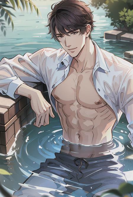 masterpiece, best quality,lizeyan,1boy,intricate details, 1 male, adult, handsome,detailed face,(rose:0.6),river,sunshine,summer,full body,wet shirt