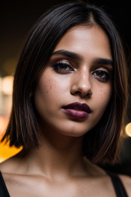 (high detail raw photo), close-up portrait photograph of indian woman, 18 years old, white blouse, lips parted, messy bob cut, (freckles:0.6), skin details, detailed skin, imperfect skin, (head tilt:1.2), neon lighting, cyberpuck background, smoky eyeshadow, black lipstick, BREAK
rim lighting, masterpiece, photorealistic, sharp focus, film grain, grainy, cinematic, depth of field, porta 160 color, shot on arri alexa 65, bokeh, sharp focus on subject,  <lora:more_details:0.6>