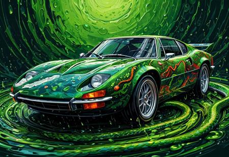 Finely detailed vector illustration, classical sports car, snake, symbiosis, ultra realistic quality, circle symbol, green background, hyperdetailed, intricately detailed,  triadic colors,fantastical,intricate detail,splash screen,complementary colors, fantasy concept art, 8k resolution, masterpiece, oil painting, thick strokes, rich strokes, running drops,