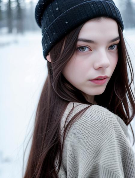 close up, RAW, analog style, 1girl, a side view full body height portrait of ANAT0J3 in winter clothes, long haircut, beautiful eyes, pale skin, beautiful winter background, ((high detailed skin, skin details)), sharp focus, volumetric fog, 8k uhd, dslr, high quality, film grain, Fujifilm XT3