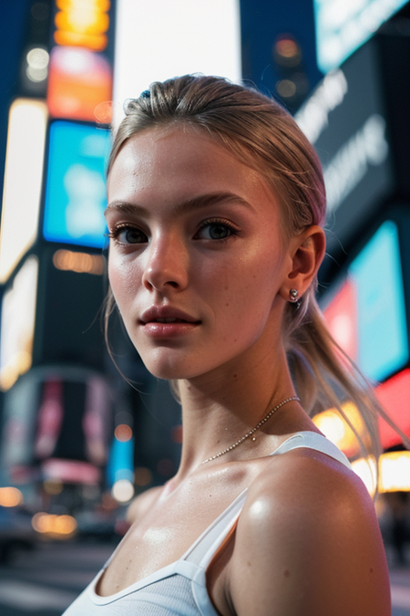 ImogenHarvey, ((detailed face, Times Square background, detailed background, cyberpunk, shadow, dramatic lighting, by Bill Sienkiewicz, bokeh, night, midnight, darkness))