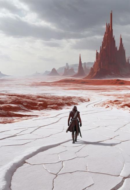 Star Wars-inspired rebel structure on planet Crait, covered with a layer of white salt over its red soil, with a lone futuristic wanderer in the distance, approaching the base from afar, barely visible against the stark landscape