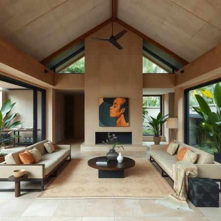 interior of a living room of a brutalist architecture style house,  tropical jungle Bali style