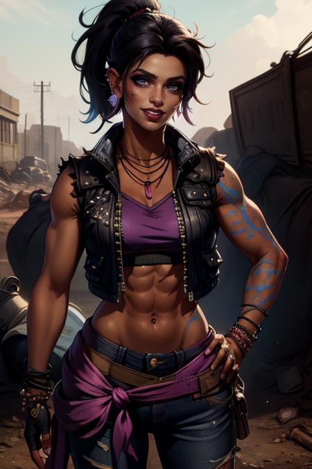 Amara, short black hair, ponytail, toned , blue left arm tattoo, scars, standing, arms on hips, upper body, smiling,  
AmaClot,right fingerless glove,ear piercing,earrings,midriff ,crop top,torn clothes ,vest,bracelet,pants,boots,necklace,belt ,
wasteland, 
 (insanely detailed, beautiful detailed face, masterpiece, best quality) <lora:Amara-10v3:0.7>