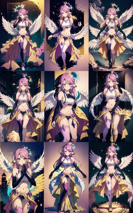 jibril 1girl, solo, long hair, breasts, sideboob, halo, pink hair, pink stocking, low wings, compass rose halo, wings, navel, book, gloves, bird ears, midriff, magic circle, asymmetrical legwear, angel, angel wings, animal ears, very long hair, yellow eyes, white wings, large breasts, mismatched legwear, single shoe, feathered wings, orange eyes, shoes, multicolored eyes, thighhighs, crop top, cross, multicolored hair, gradient hair, looking at viewer, <lora:Lora (5):1>