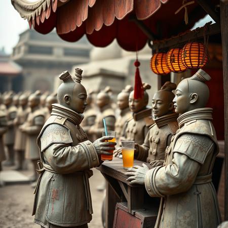 china,fantasy, a terracotta soldier buying a drink at a street vendor that is selling drinks. it is a zoomed out shot also showing other terracotta soldiers pretending to be human