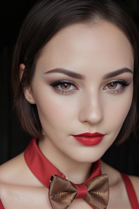 photo of a woman, <lora:sunshine-07:0.6>, sunshine,(serious), ((bowtie, shirt):1.2), ((short hair, dark brown hair)), ((outdoors):1.1), ((closeup, portrait)), ((red lipstick, makeup)), ((best quality, masterpiece, extreme details, high resolution):1.2),((detailed eyes, beautiful eyes, detailed face, beautiful face):1.2)