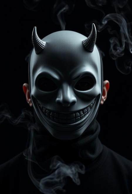 A close-up photograph of a man wearing a highrise mask resembling a large, exaggerated smile emoticon, with small, devilish horns subtly emerging from the mask’s sides. The mask, with no nose or eyes, evokes a surreal and unsettling vibe. White smoke curls around the figure, blending into the pitch-black background, giving off an eerie sense of mystery and a hint of something sinister beneath the surface
