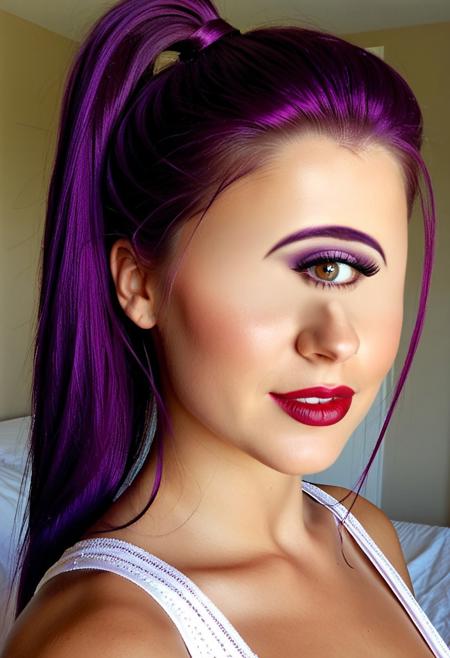 (((score_9, score_8_up, score_8))), 1girl, pretty, 20 year old hungarian girl, brown eyes, darkbrown contact lenses, long purple hair, back hair pulled back in a single long ponytail, extralong asymmetric side swept bangs cover one eye, perfect skin, sultry, in her bedroom, wearing a nightgown, long face, round chin, staight darkpurple eyebrows, playfully, mouth slightly open, smirking, dominating attitude, 2000s style, photorealistic, cyclopsgirl, extralong dramatic eyelashes. looking at viewer, boltedonlips, puffy lips, darkred big lips