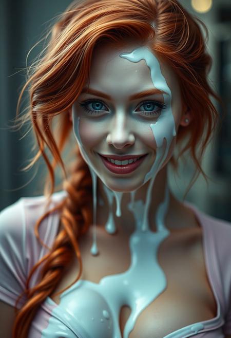 hyperrealistic digital painting by J. Scott Campbell and Thomas Saliot and Jeremiah Ketner and Lois van Baarle, shallow depth of field, bokeh, incredibly detailed, real, photshoot, smirk, stunning photo of a beautiful redhead, sticky opaque cream-white liquid is dripping off her face, 30 years old, gigantic breasts, cleavage t-shirt,