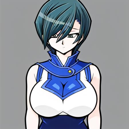 very short hair,green eyes,white shirt,blue skirt,blue belt,sleeveless,