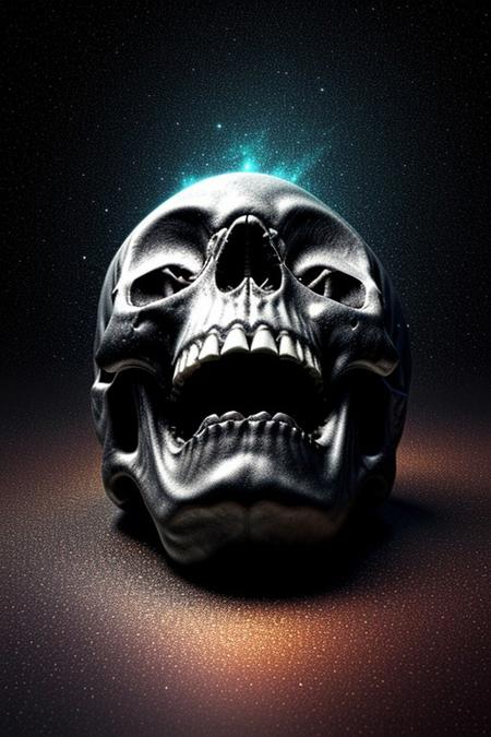 A close-up photorealistic image of a crystallic floating skull facing the viewer with its mouth open, pouring from it's mouth a shimmering liquid resembling the universe onto the ground, filled with rich stars and swirling galaxies. A simple void background enhances the dark atmosphere, shrouded in fog, capturing the hypnotic flow and shimmer of the cosmic liquid, from below view, close up view,