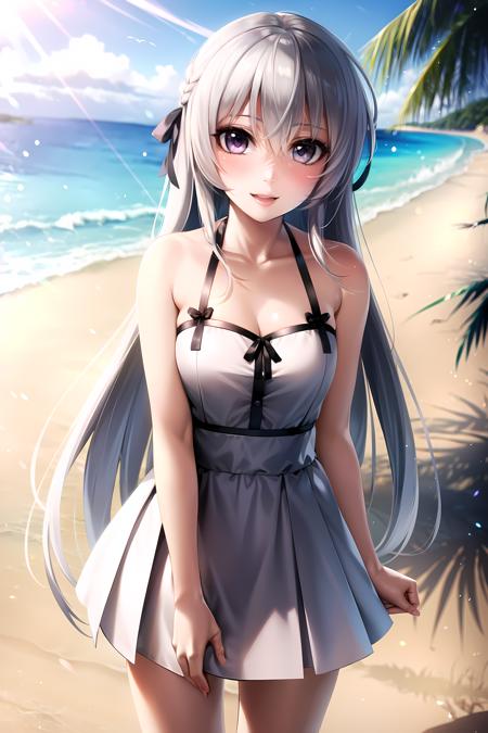 masterpiece, best quality, beach, kasugano sora, happy, bare shoulders, white hair, long hair, ribbon, looking at viewer, standing at attention, by Axsens <lora:Sora_b_2:0.6> <lora:axsensStyleLora_axens:0.4>