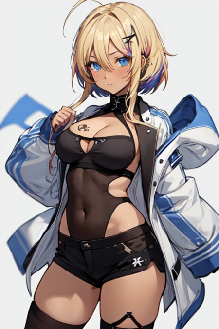 Marblehead, 1girl, solo, blue eyes, blonde hair, dark-skinned female, large breasts, hair ornament, black thighhighs, long sleeves, cleavage, ahoge, sidelocks, open clothes, short shorts, hairclip, leotard, streaked hair, white coat, covered navel, thigh strap, black shorts, short hair with long locks, gyaru, breast tattoo