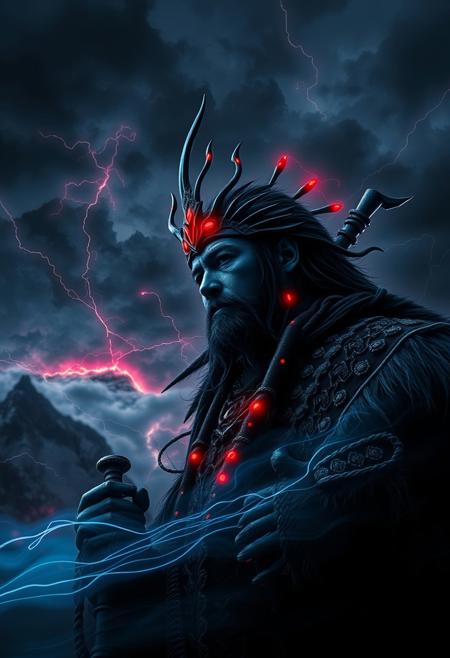 Intense jet black long exposure photograph depicting dramatic stormy skies. Siberian shaman, bold graphic style, vibrant neon accents, dramatic lighting, showcasing complex characters in a fantasy mythology setting.  Modern themes, morally ambiguous characters, sci-fi influences, epic tone, stylish visuals. Motion trails capture high tension.